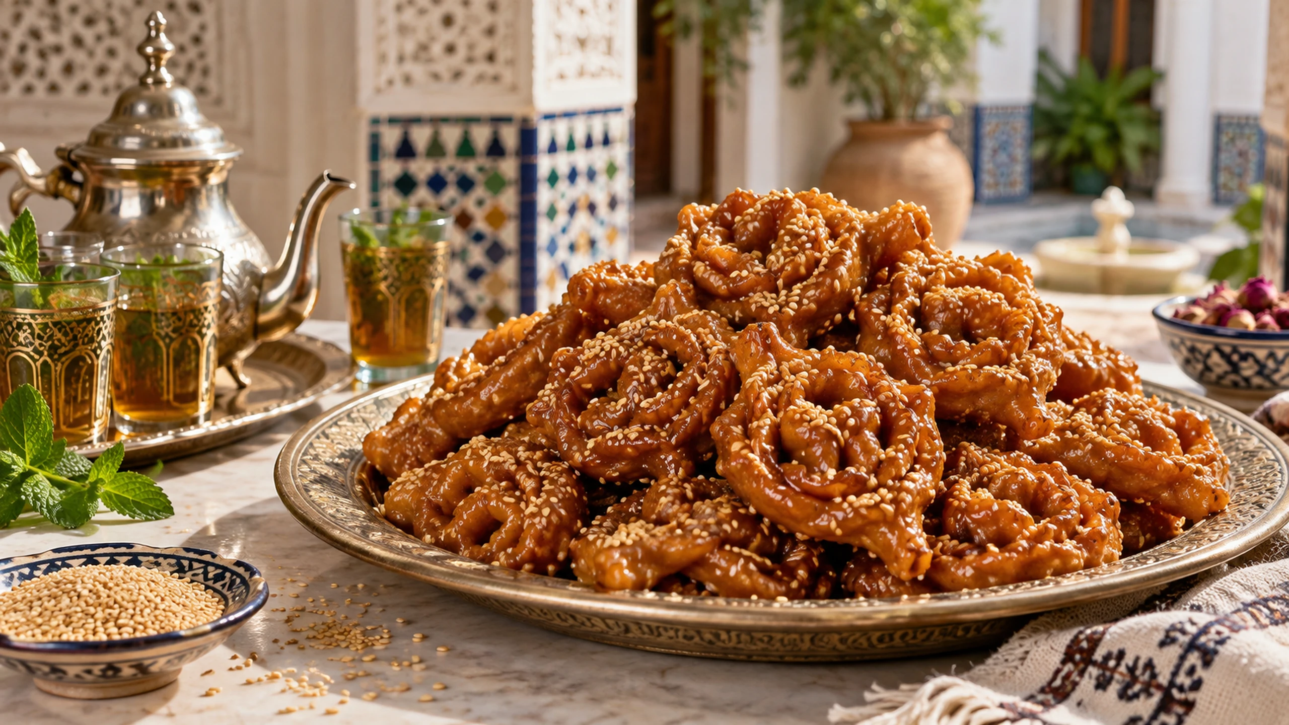 A large platter of honey-glazed Moroccan chebakia with sesame and mint tea in a bright riad setting