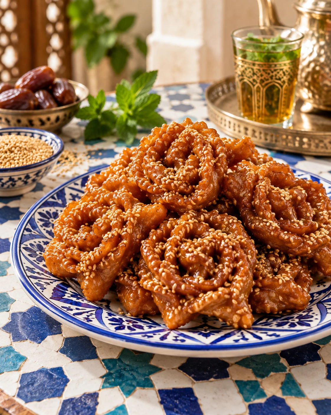 Finished Moroccan chebakia piled on a blue-and-white plate over zellige