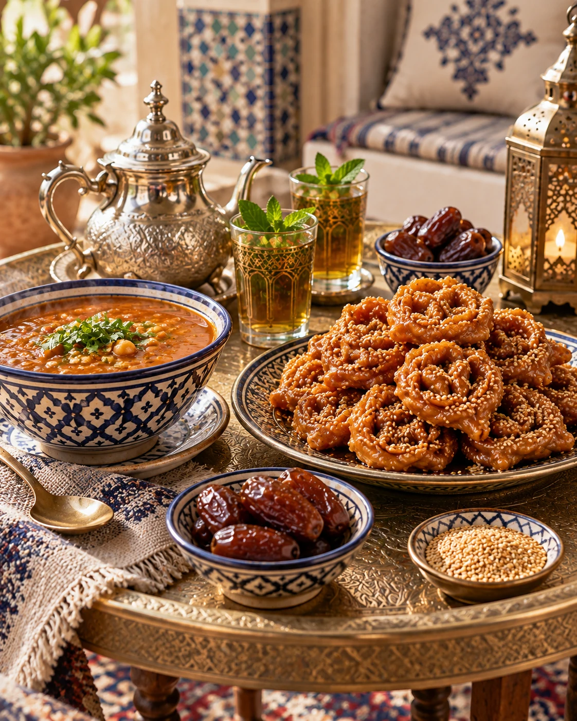 Moroccan Ramadan table with harira, chebakia, dates and mint tea