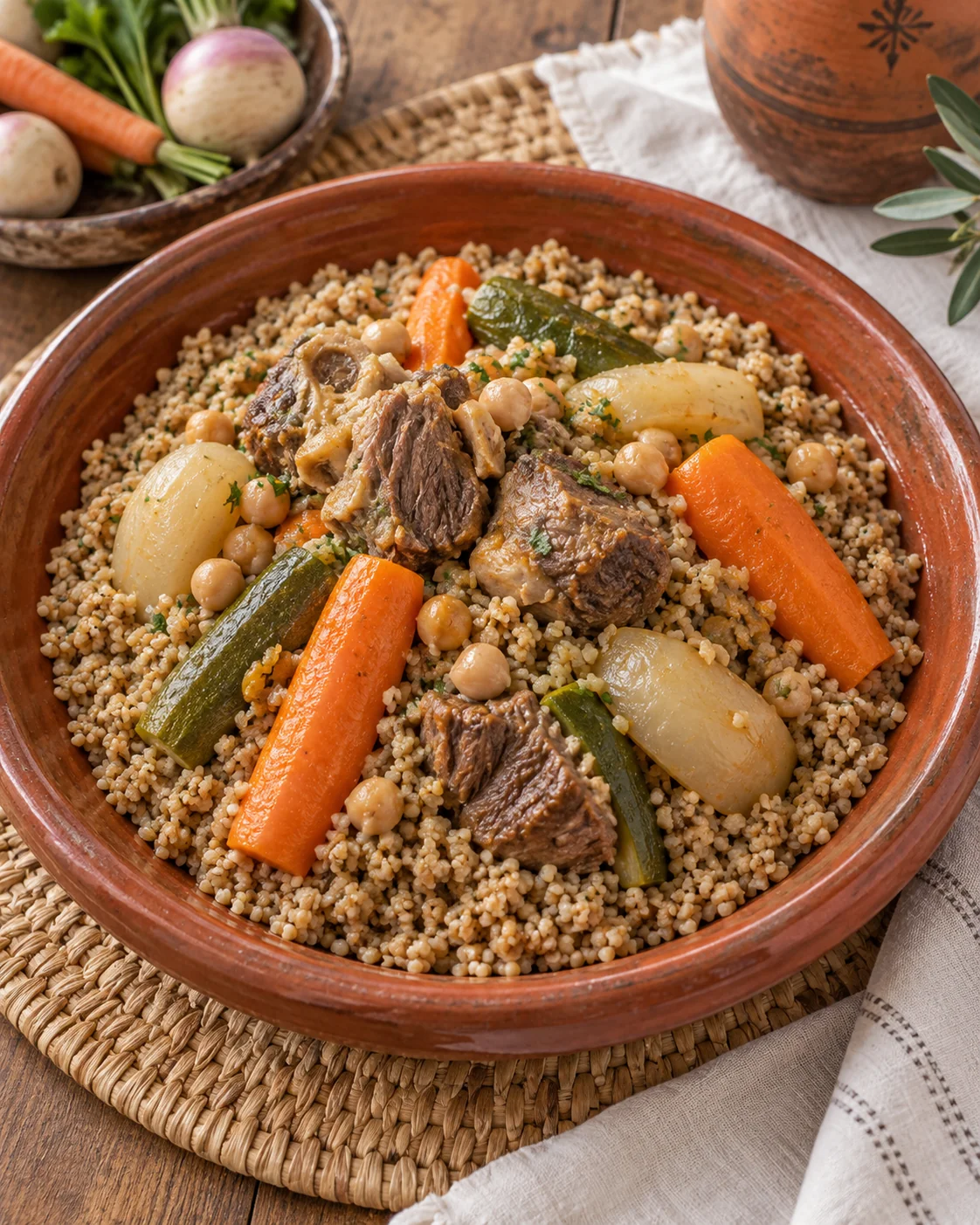 Barley couscous with meat and vegetables in a terracotta bowl
