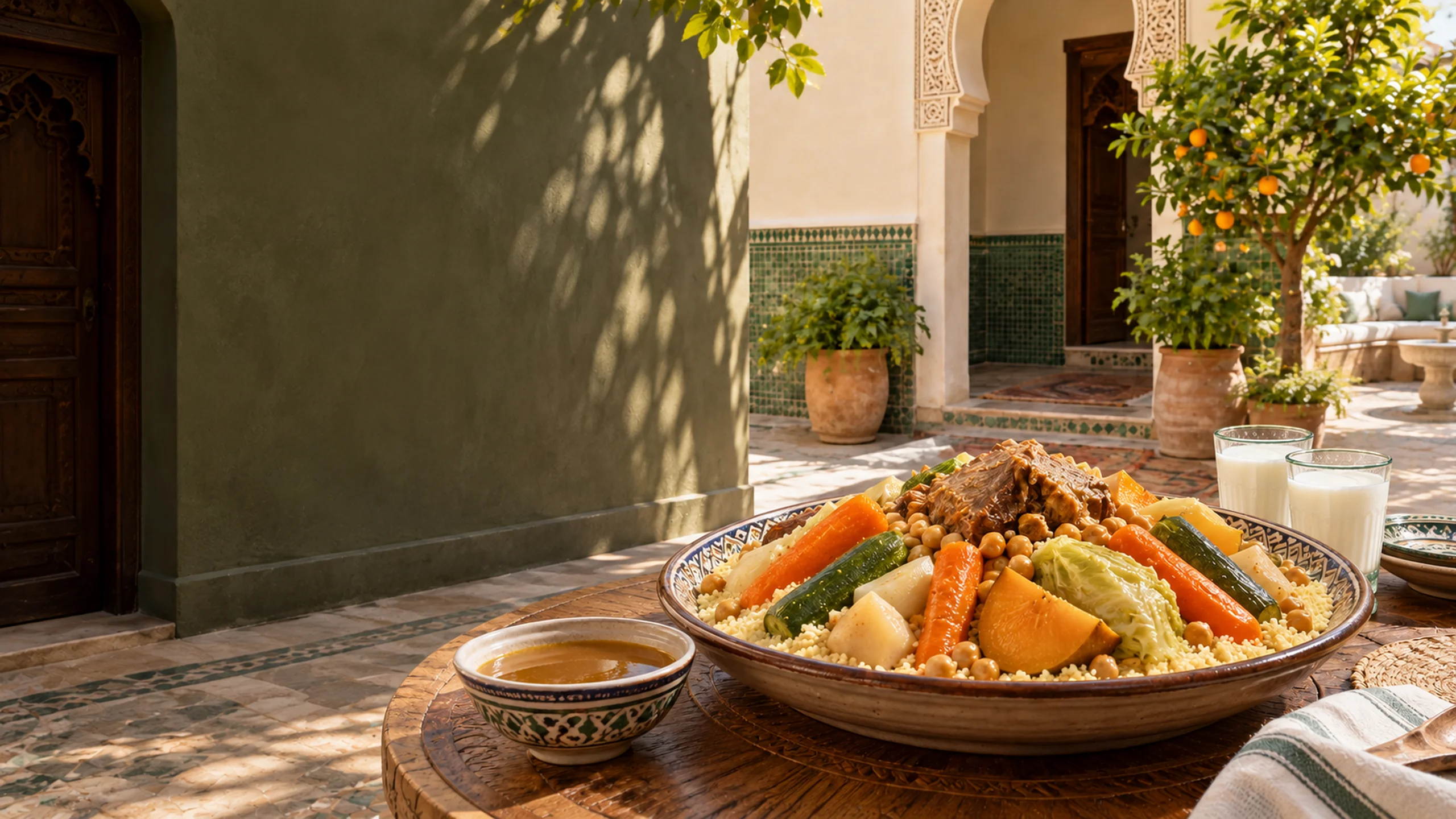 Couscous with vegetables and braised meat in an olive-green Moroccan-style patio