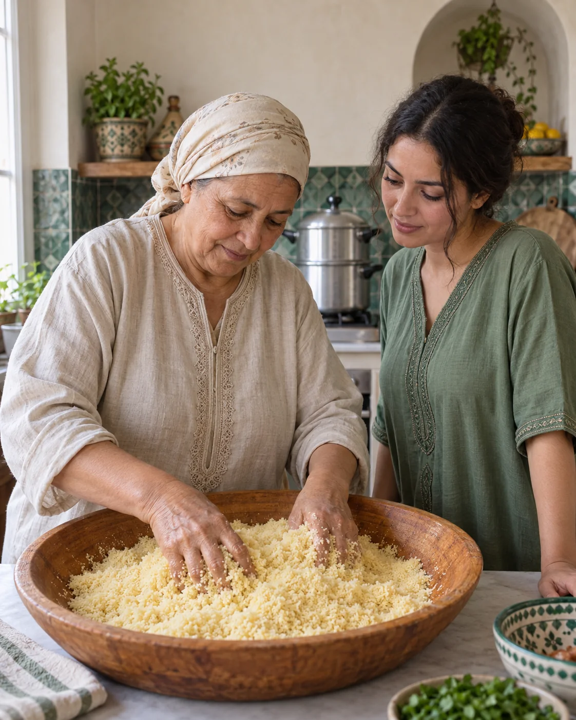 Two women loosening couscous in a broad bowl in a home kitchen