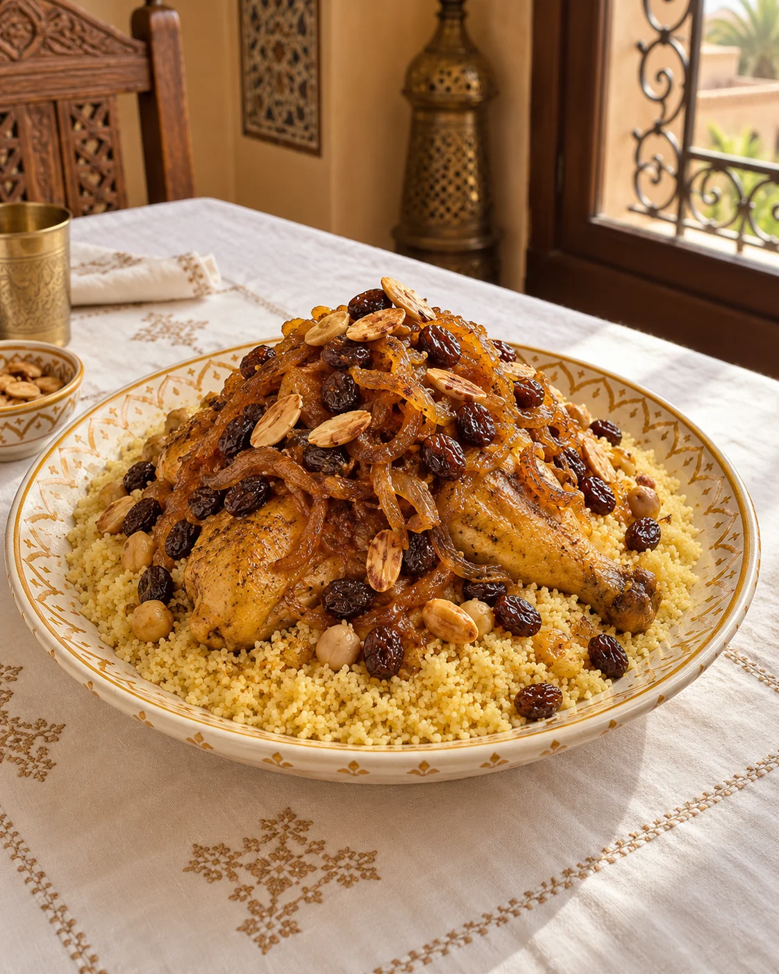 Couscous with chicken, caramelised onions, raisins and almonds