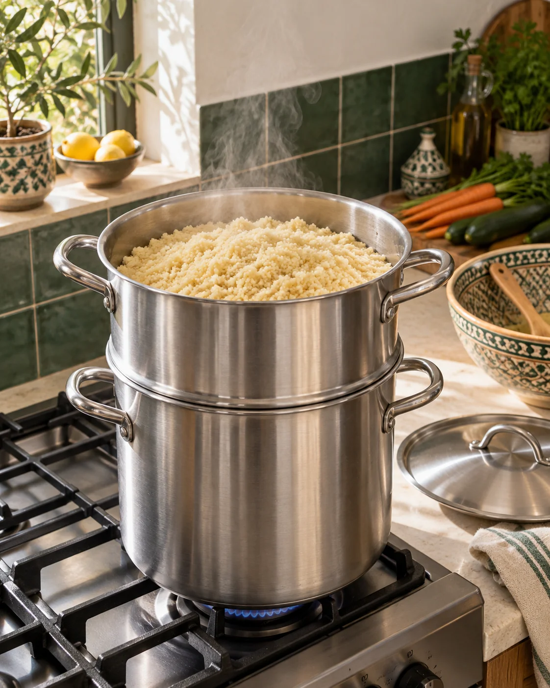 A two-tier stainless-steel couscoussier with grains in the open upper basket