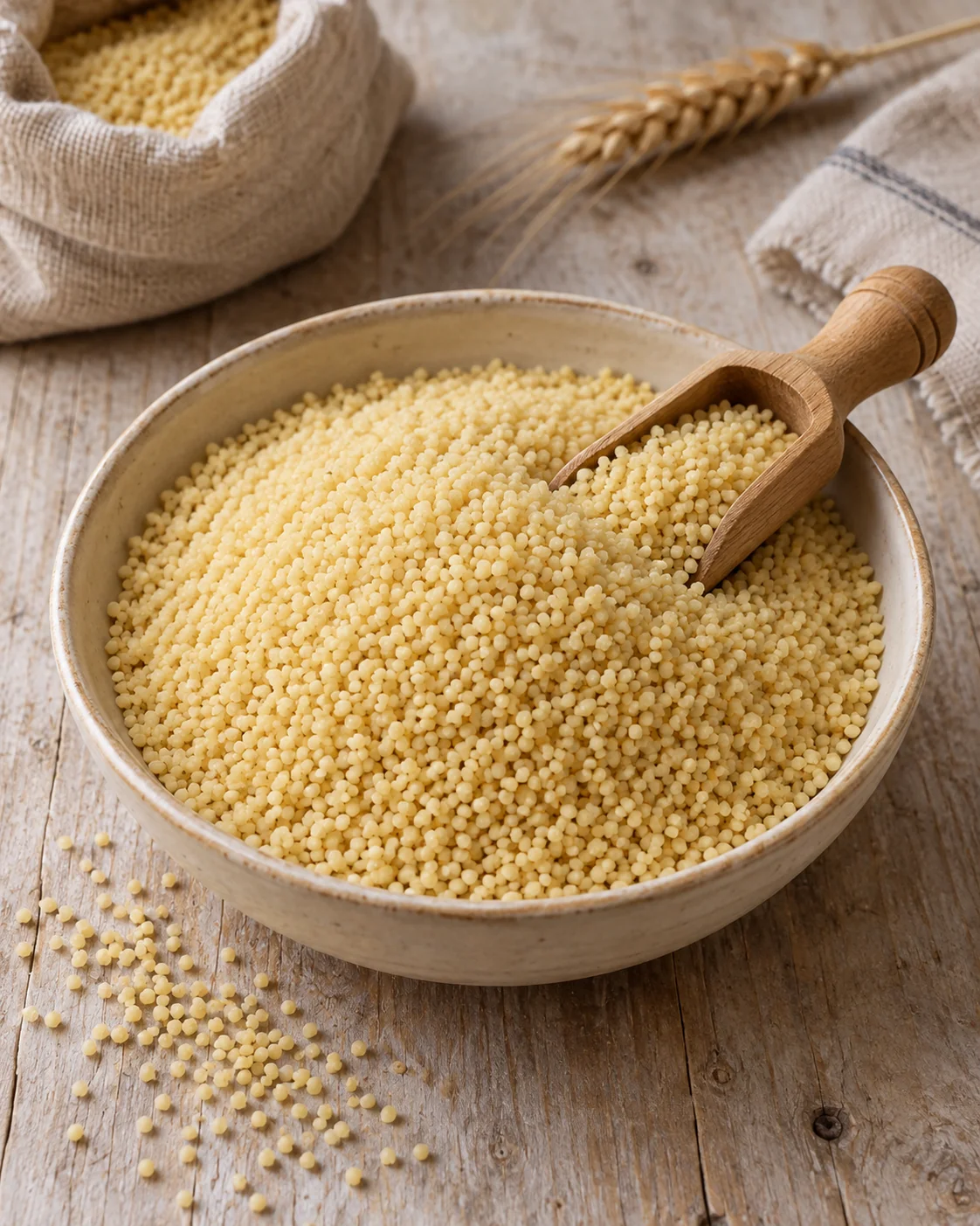 Dry couscous granules in a white bowl with a wooden scoop