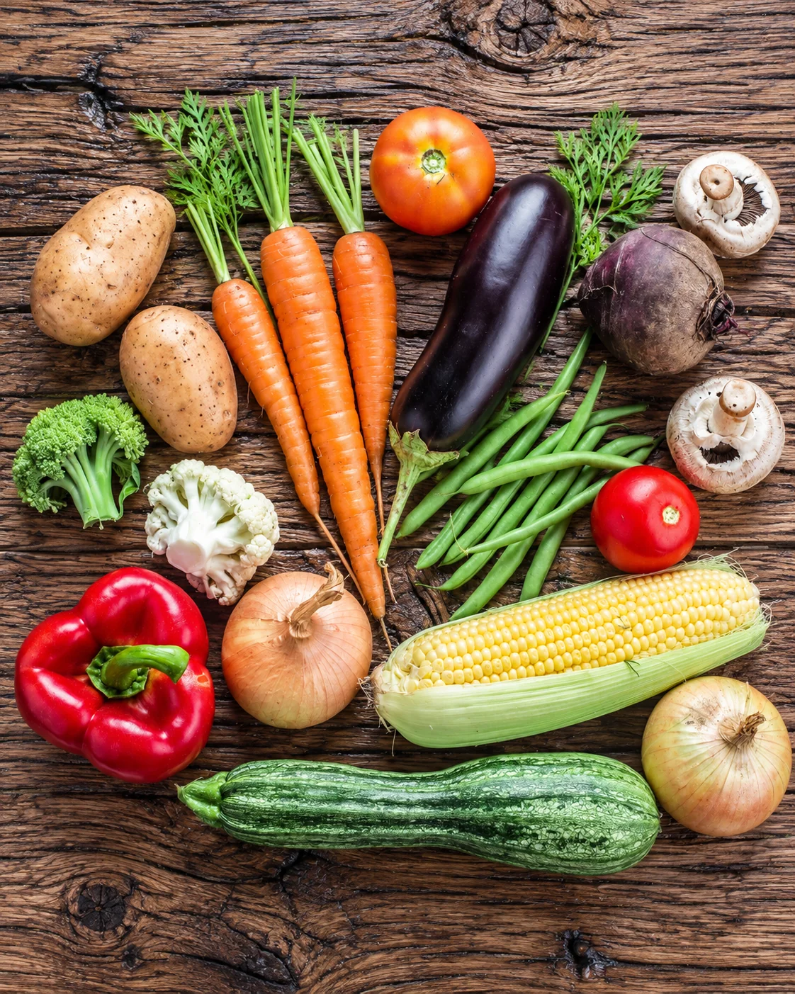 A market selection of carrots, courgette, onion and other vegetables on a wooden surface