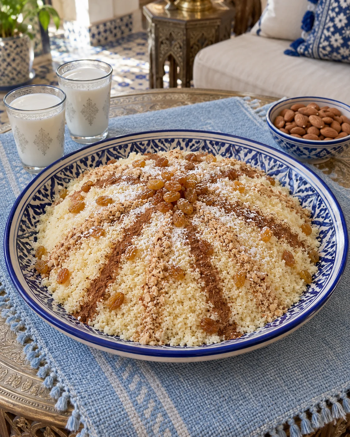 Fine couscous seffa decorated with cinnamon, almonds and raisins