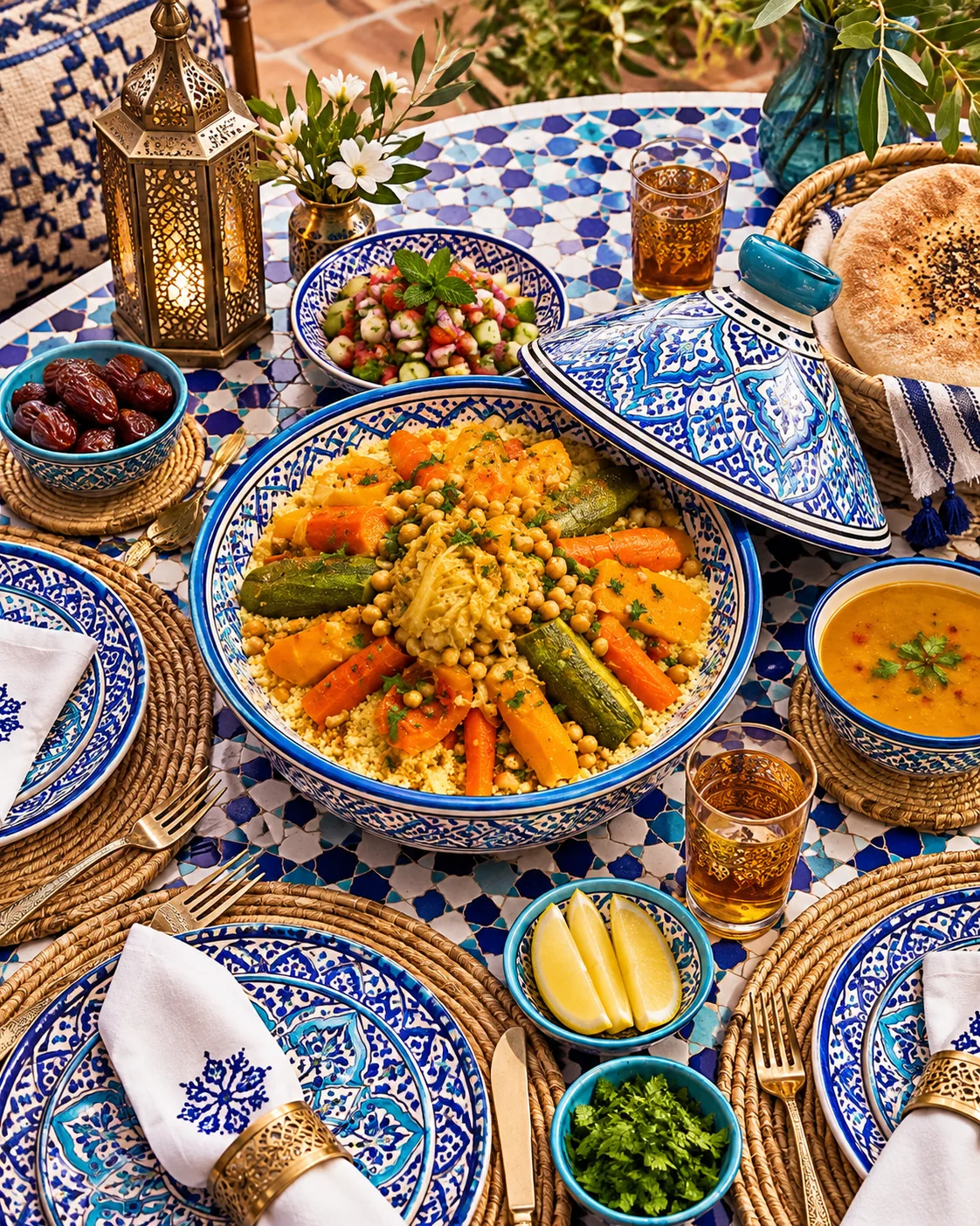 Vegetable couscous in a broad Moroccan platter