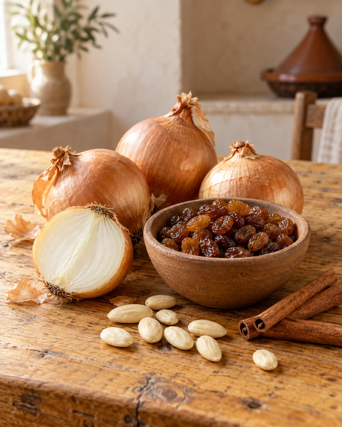 Yellow onions, a bowl of raisins, cinnamon sticks and almonds
