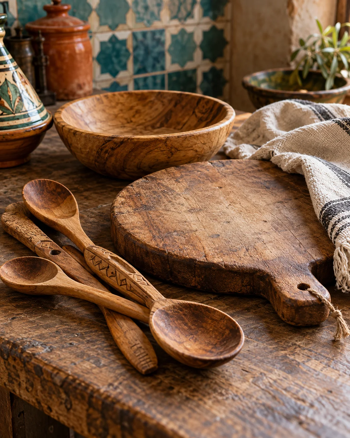 A wooden bowl, carved spoons and kitchen utensils beside Moroccan tilework