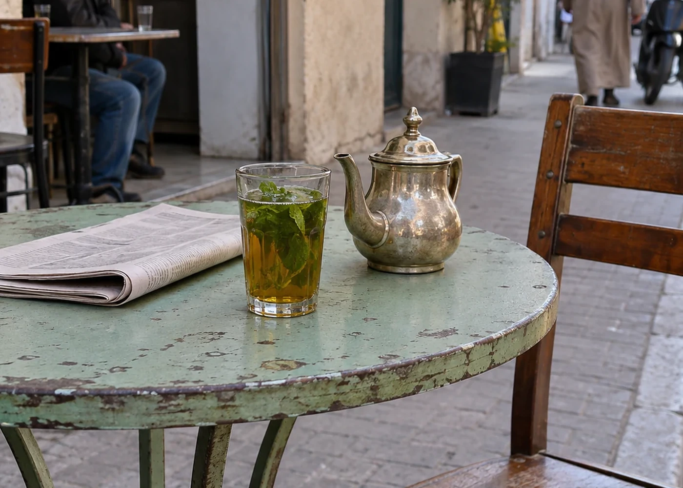A café table with tea and a newspaper