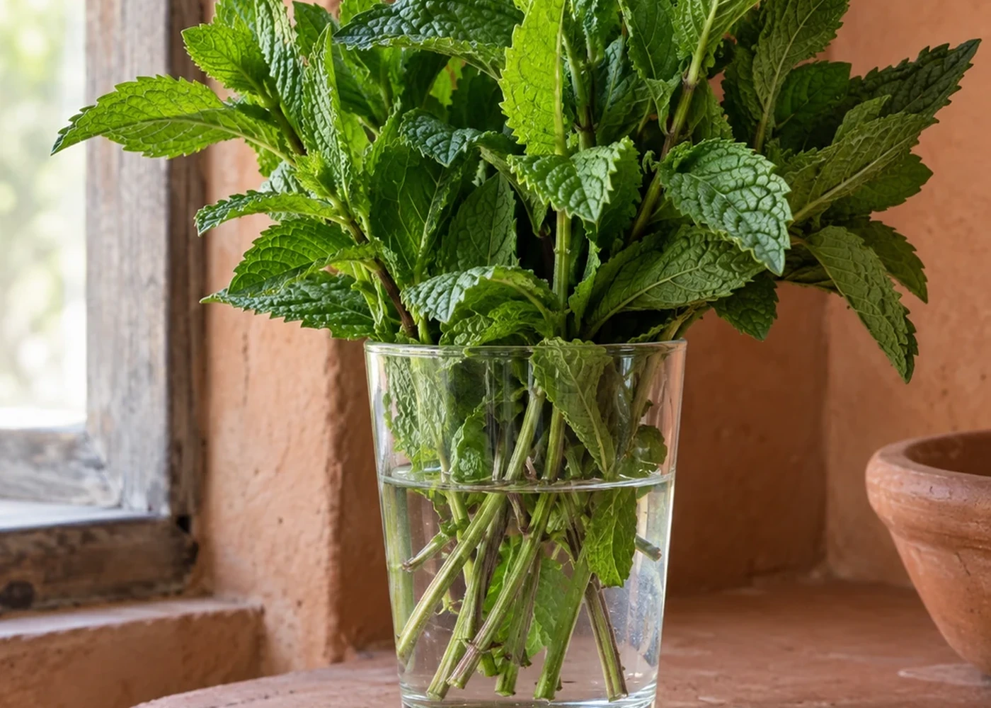 Fresh mint in a glass by a window