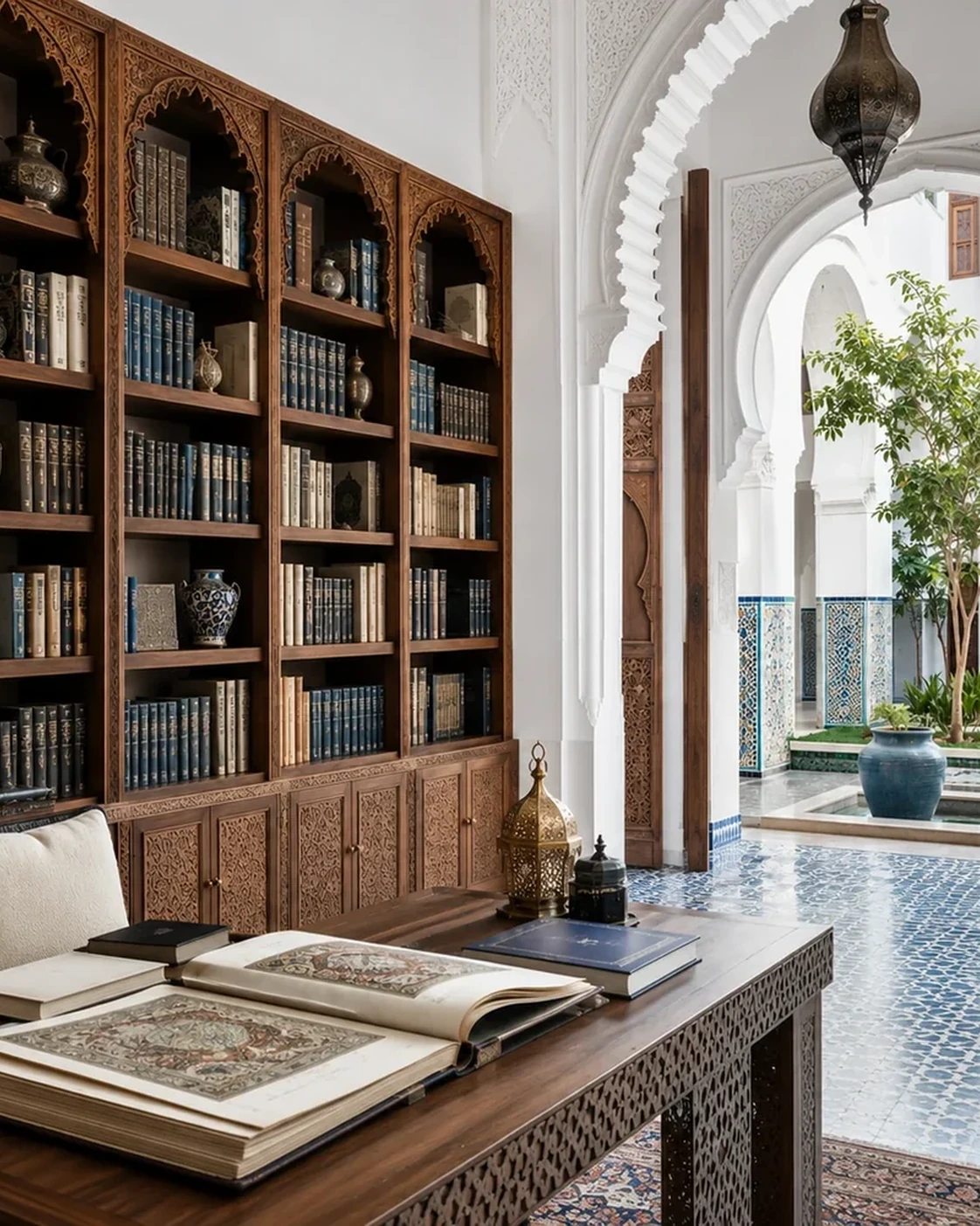 Books and a courtyard in an editorial interior