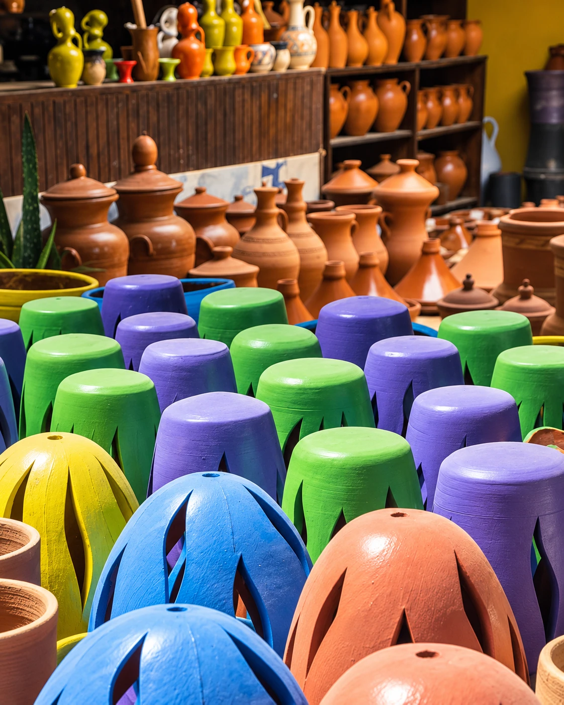 Colourful ceramic vessels in a pottery display