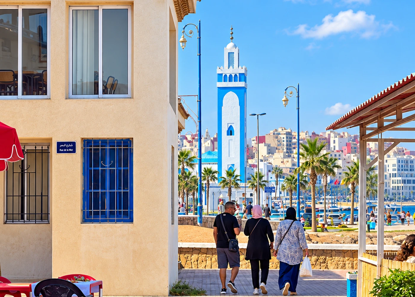 A bright street with buildings and a visible landmark
