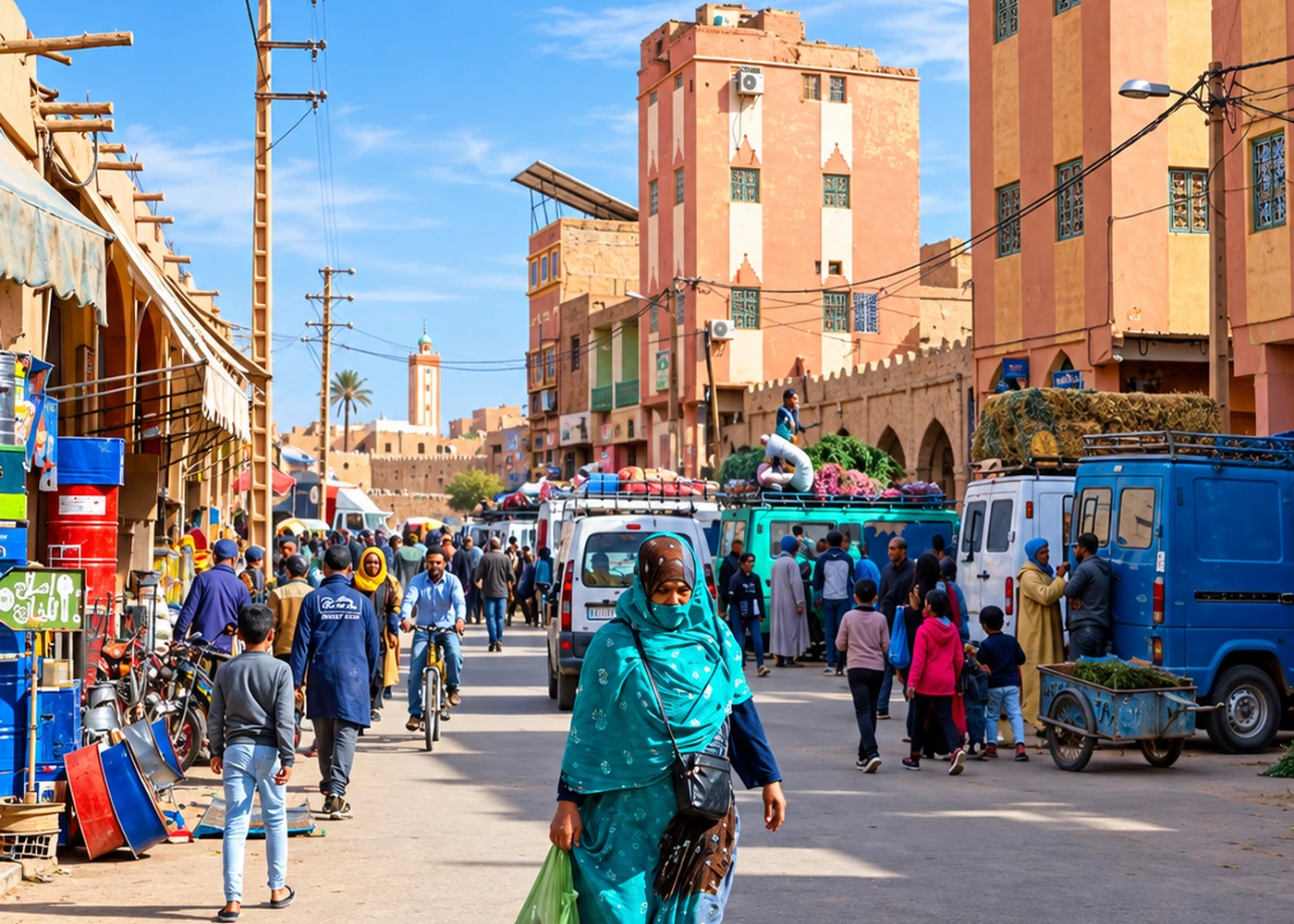 A busy street shared by pedestrians and vehicles