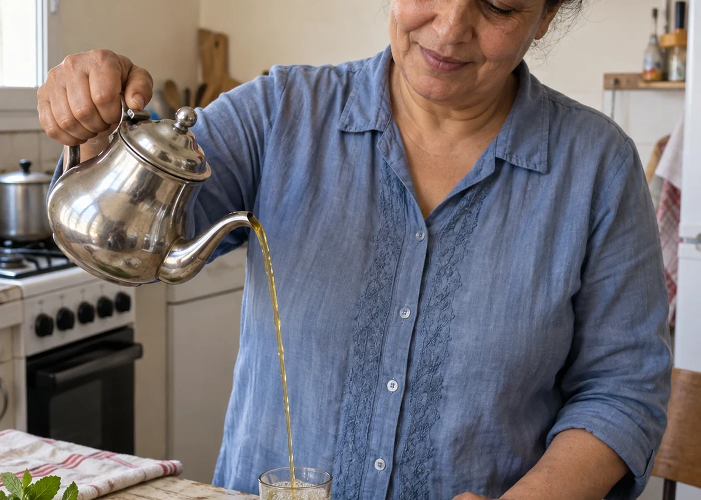 Tea being poured in an everyday kitchen