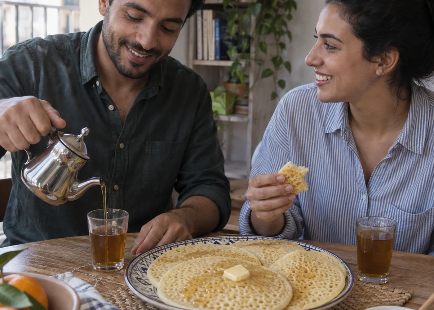 Tea and breakfast shared by two diners