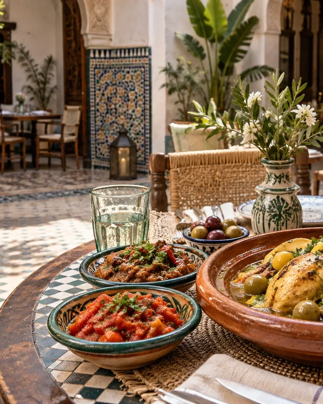 A restaurant table with salads and tagine