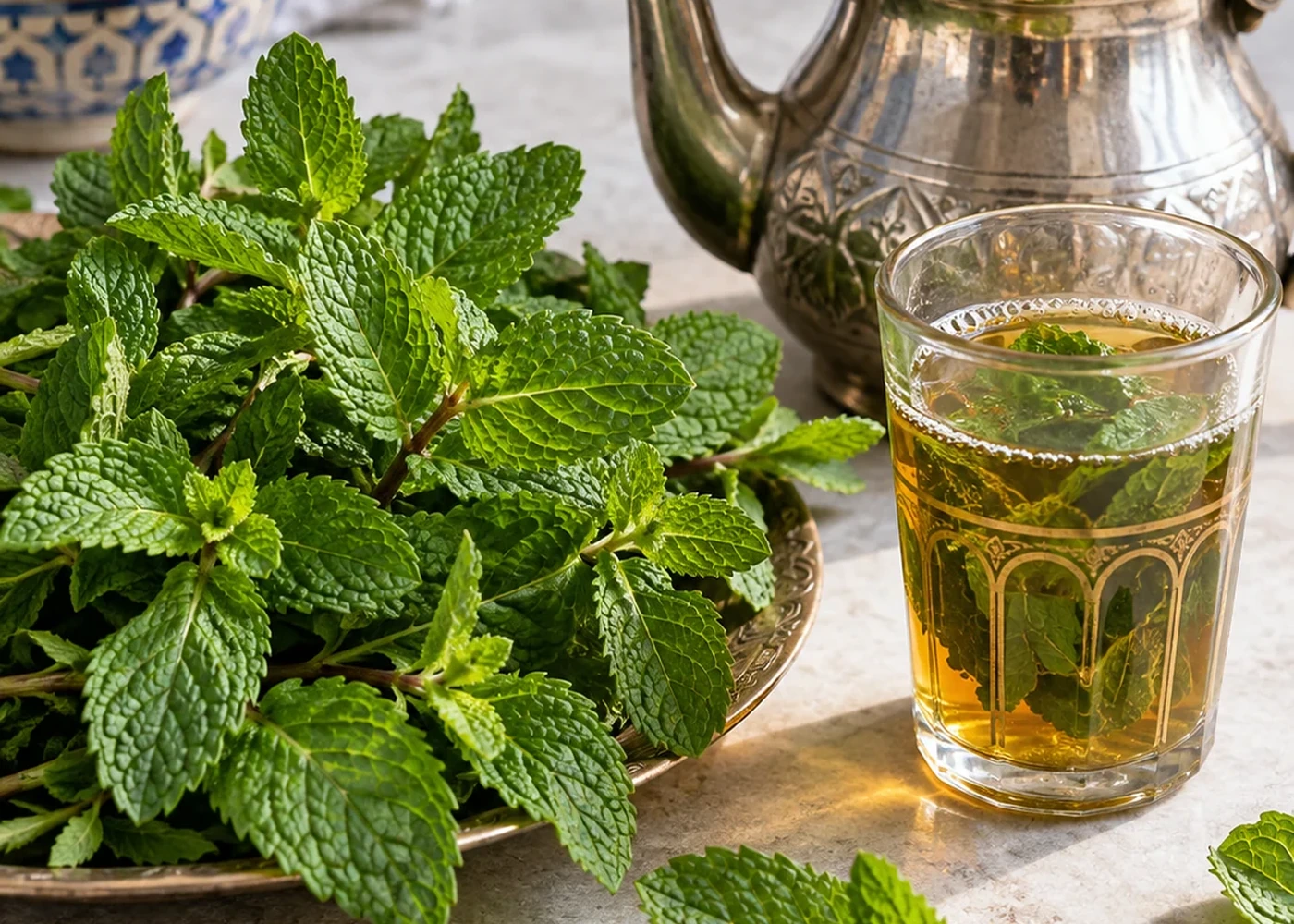 Mint and tea arranged for serving