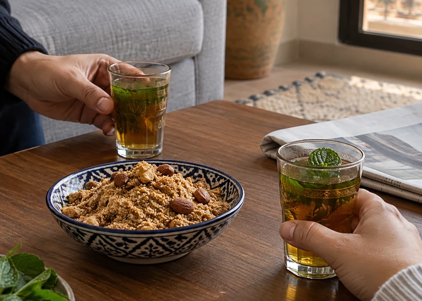 Tea and sweets shared across a table