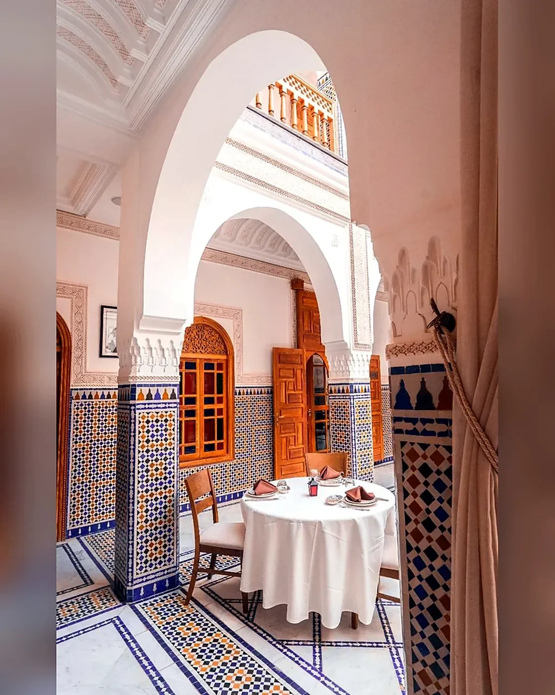 A warm tiled dining room