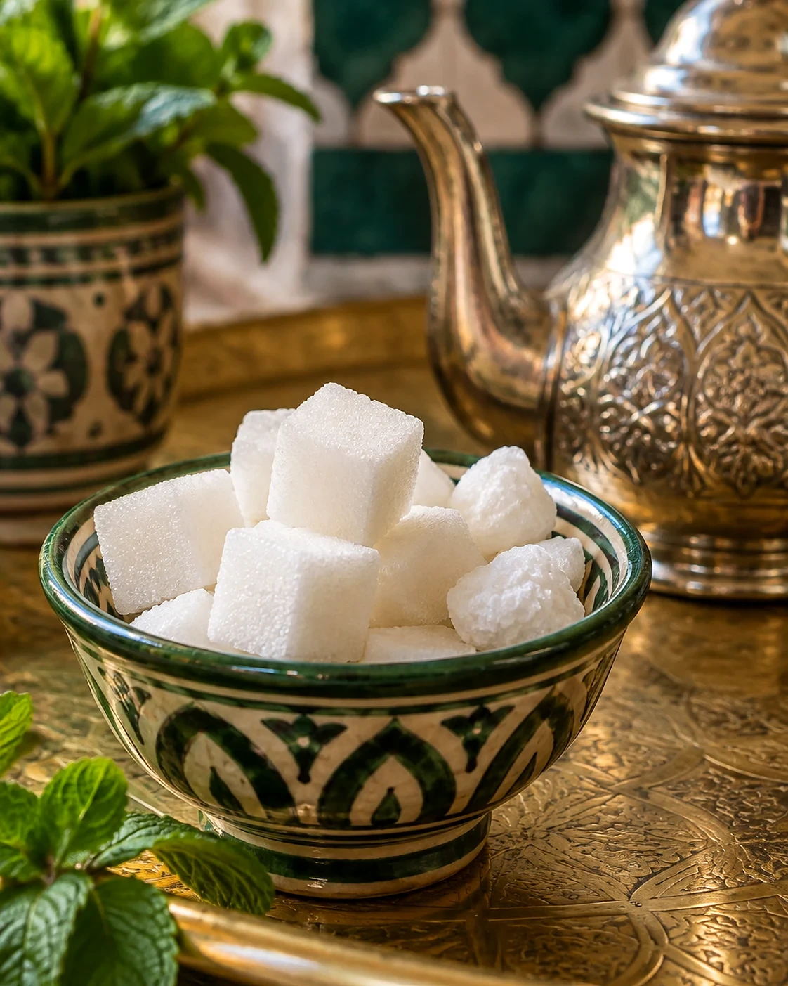 Sugar pieces beside a teapot