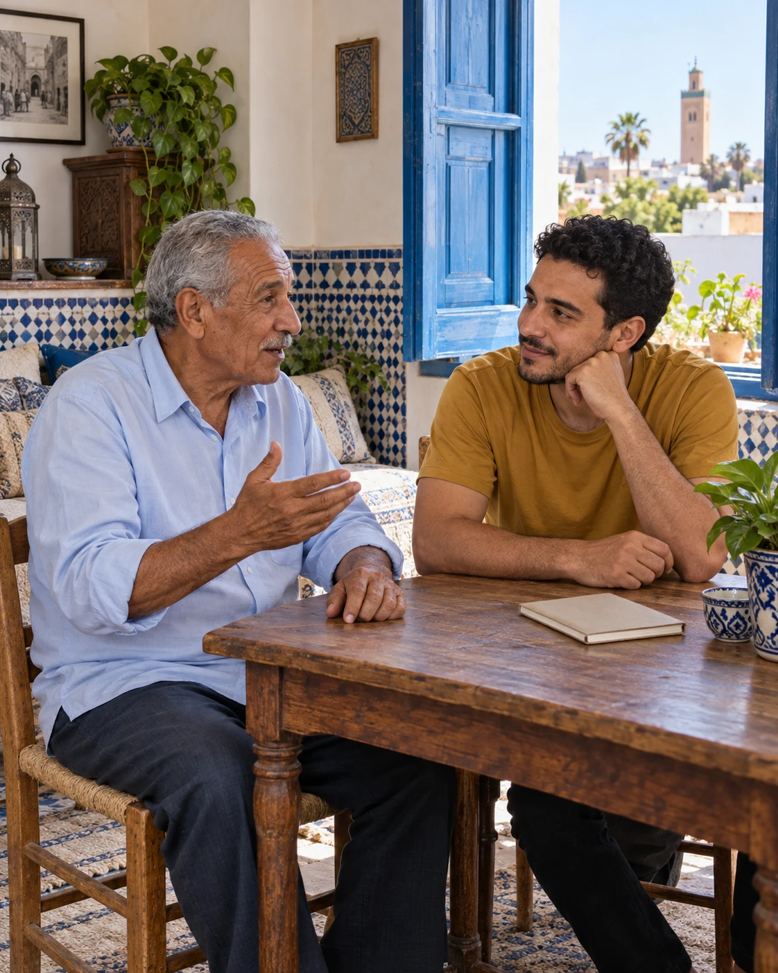 Two generations in conversation at home.