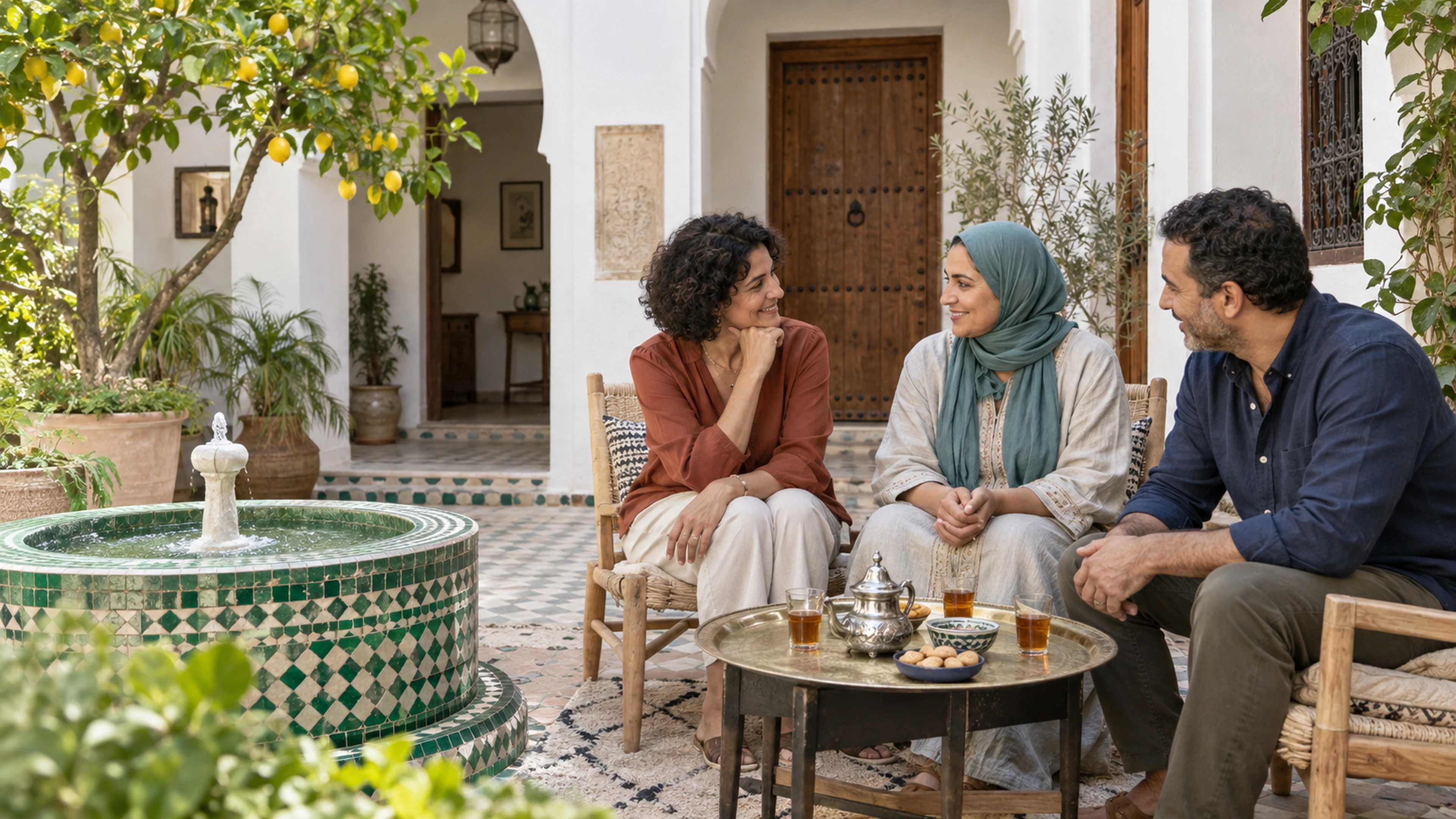 Three adults sharing a conversation in a Moroccan courtyard.