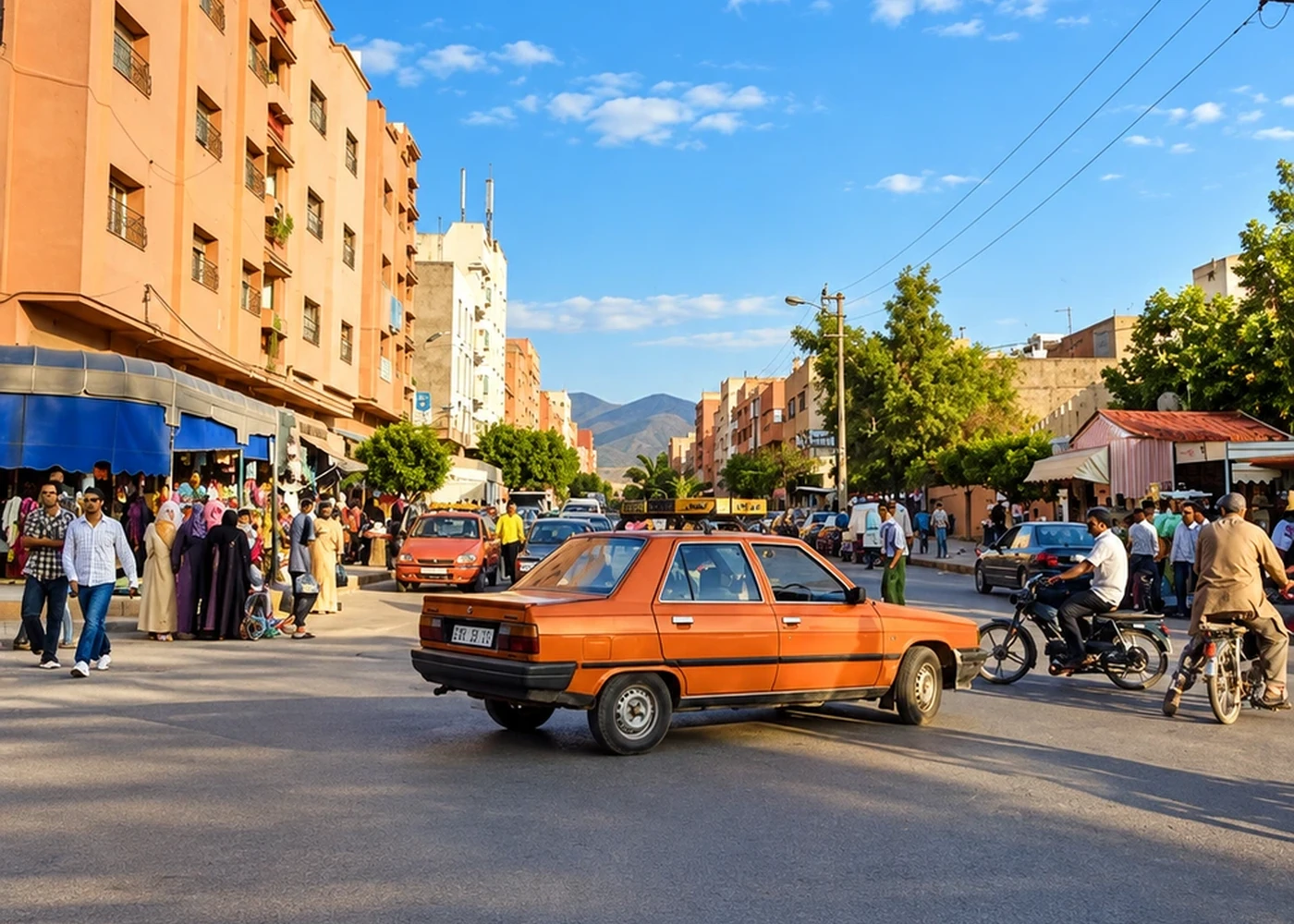An active neighbourhood street with shops and vehicles