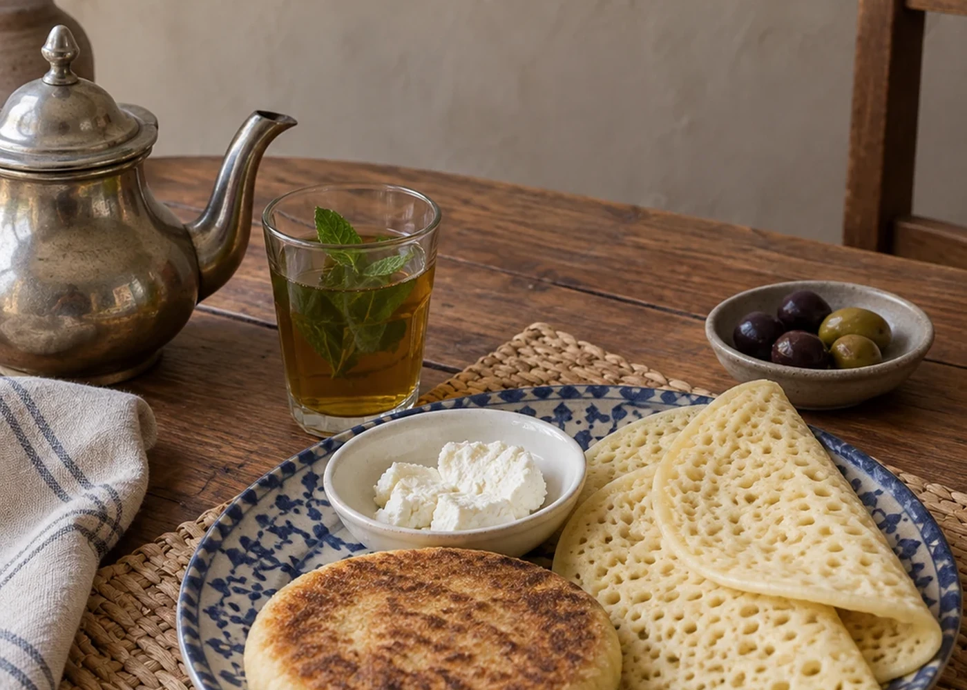 Breakfast with tea, bread and small dishes