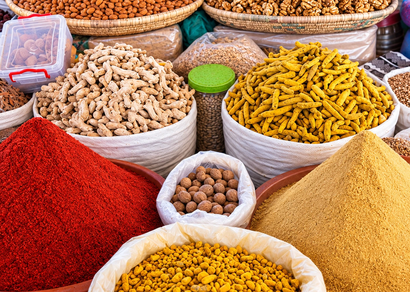 Spices and dried ingredients displayed in sacks