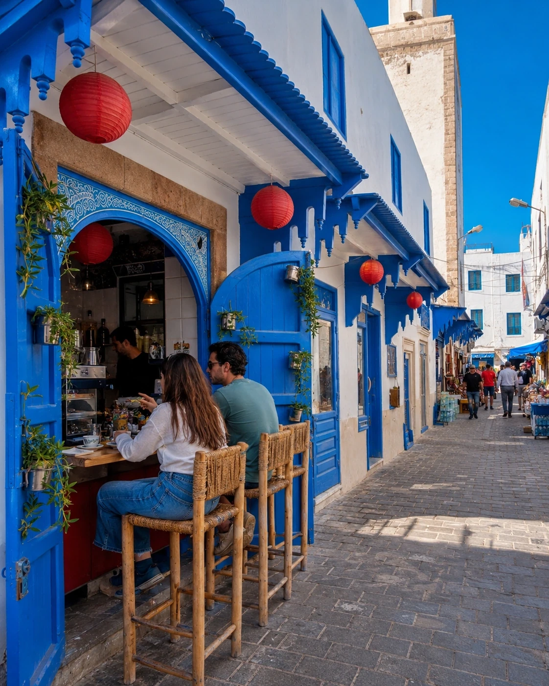 A small café opening onto a blue street