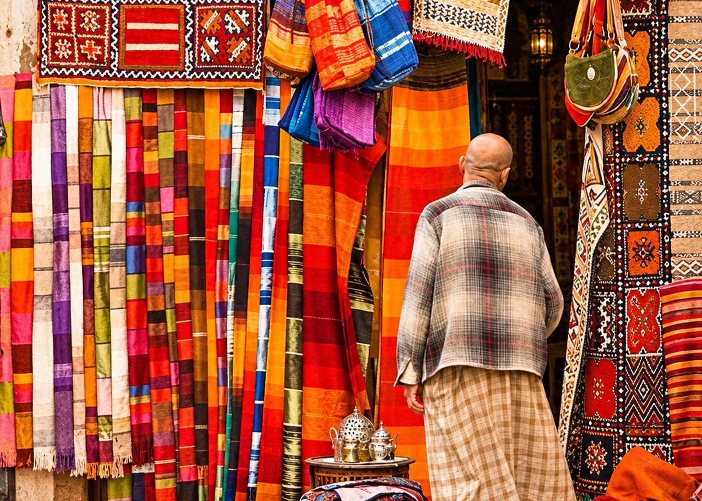 Textiles displayed along a market shopfront