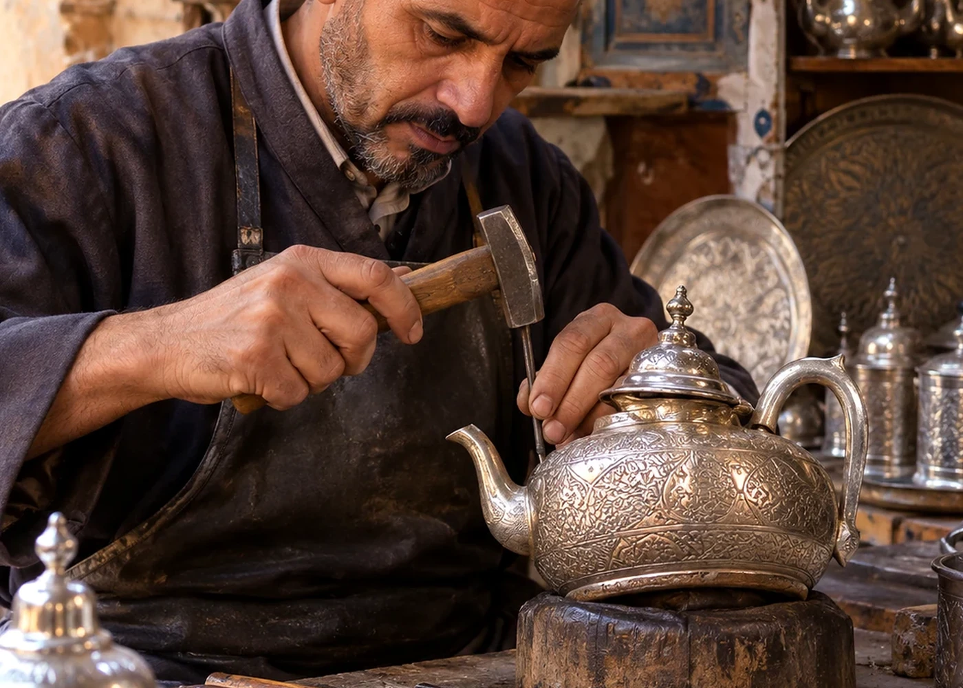 A craftsperson working a metal teapot