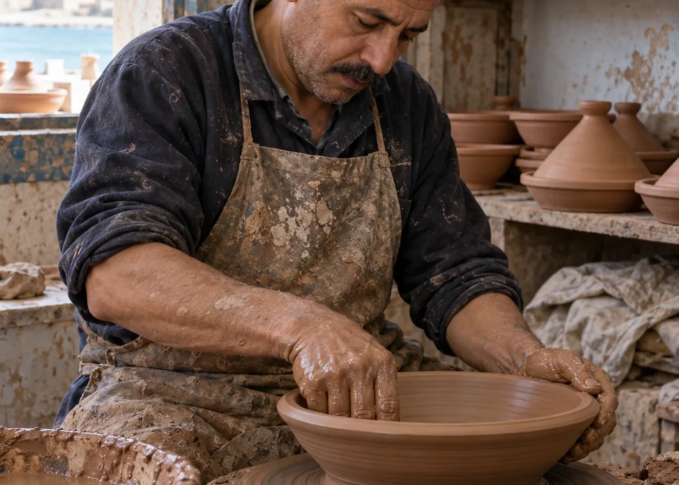 A potter shaping a bowl at the wheel