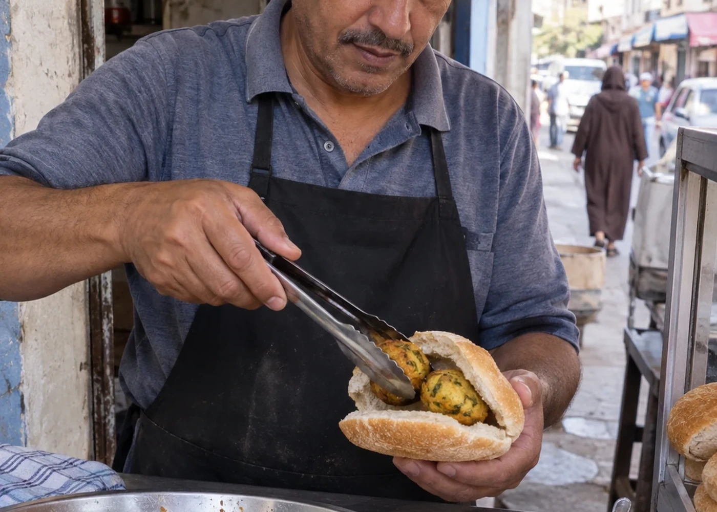 A vendor preparing a small sandwich