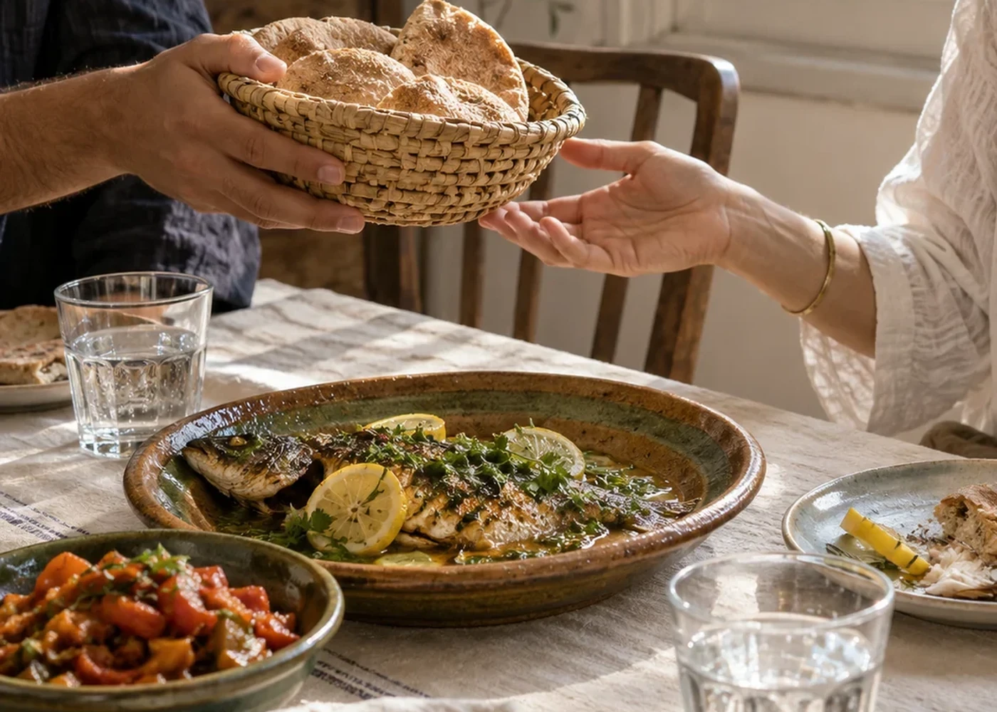 A bread basket passed across a table