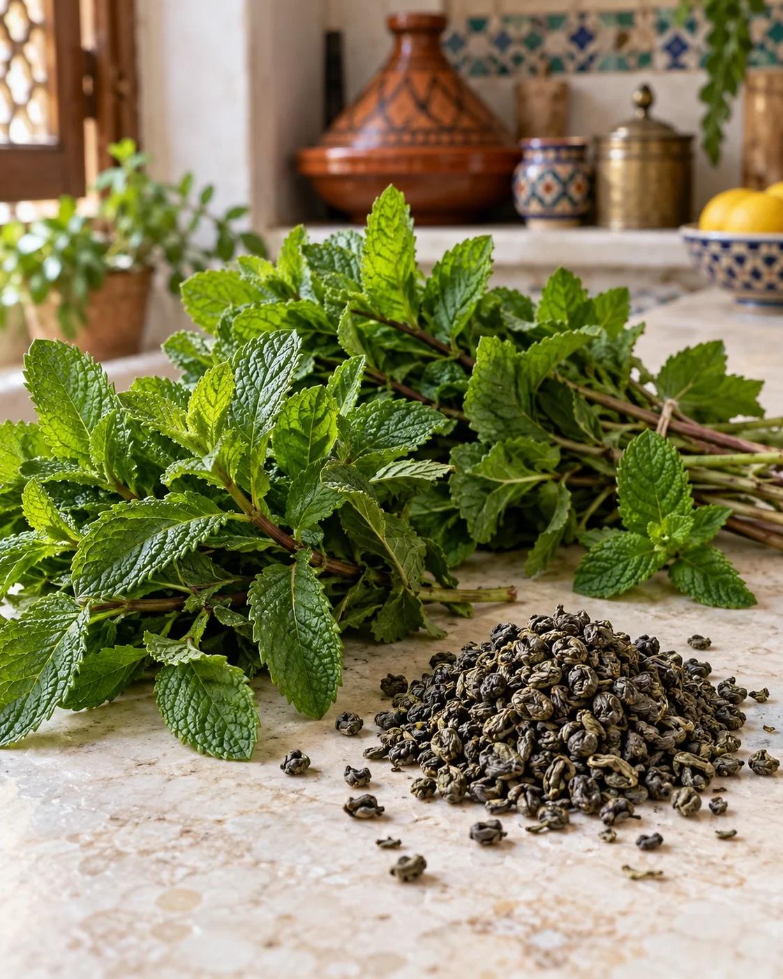 Mint leaves beside tea ingredients