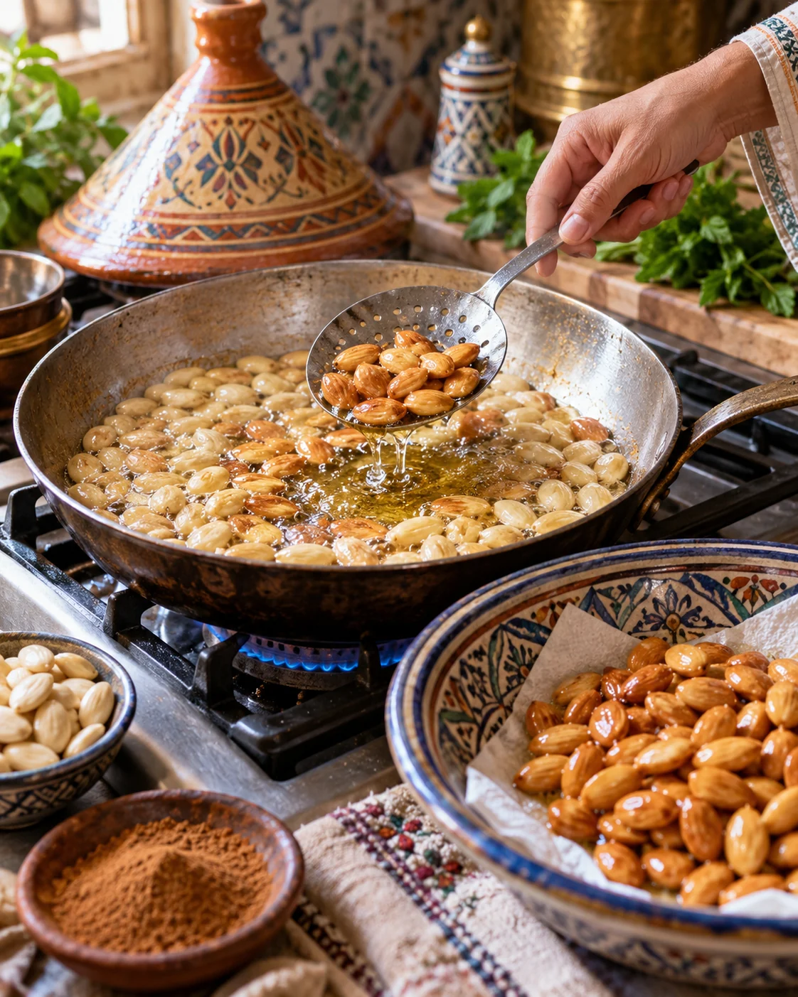 Almonds lifted from a pan with a perforated spoon