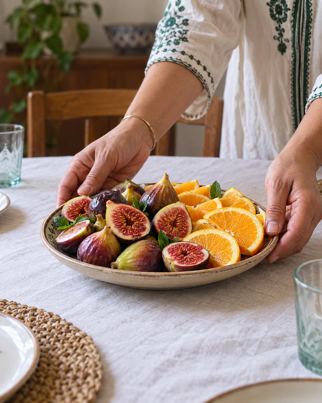 Hands setting a plate of fresh figs and orange slices on the table