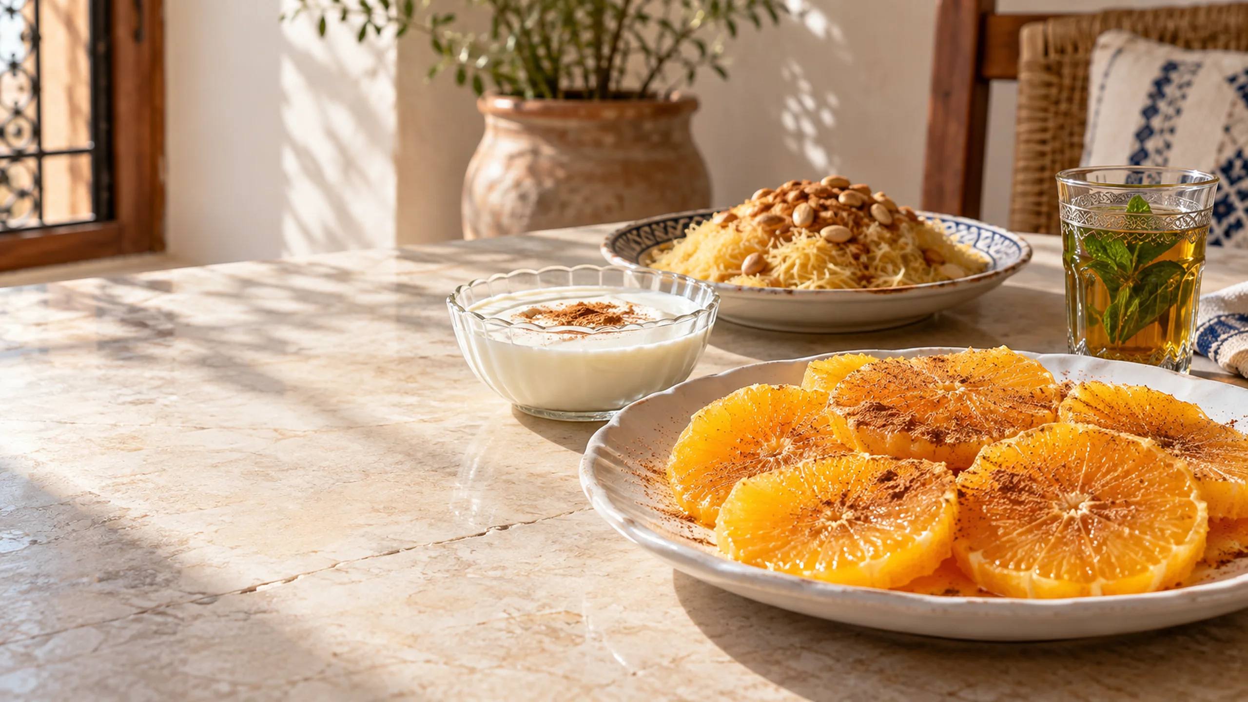 Orange slices with cinnamon, cultured milk and seffa on a bright Moroccan dessert table