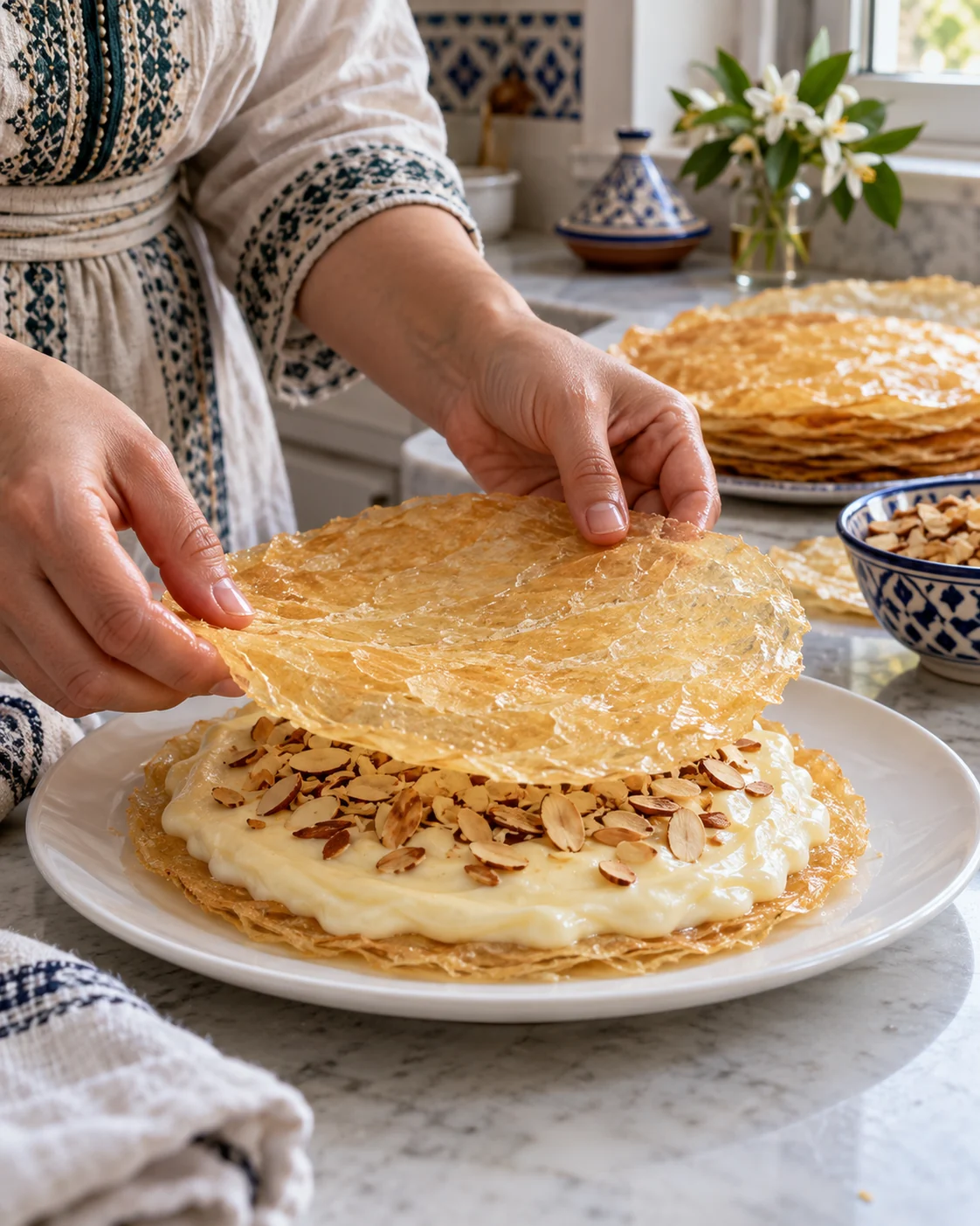 Hands lowering a crisp warqa round over orange blossom milk cream and almonds