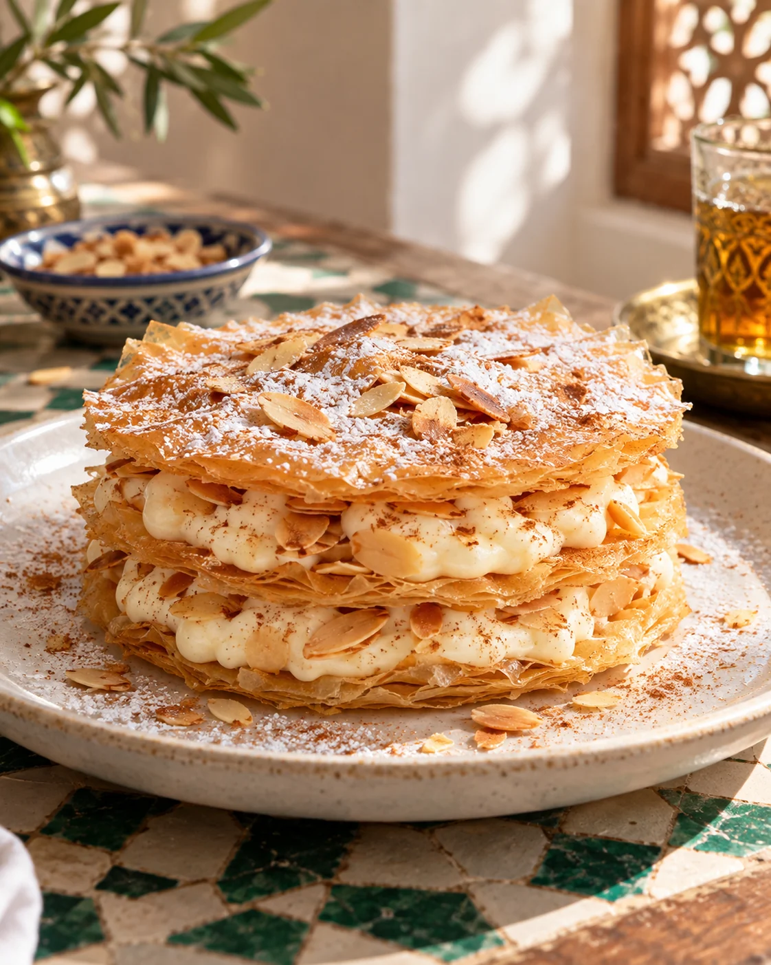 Layered crisp pastry with milk cream and toasted almonds
