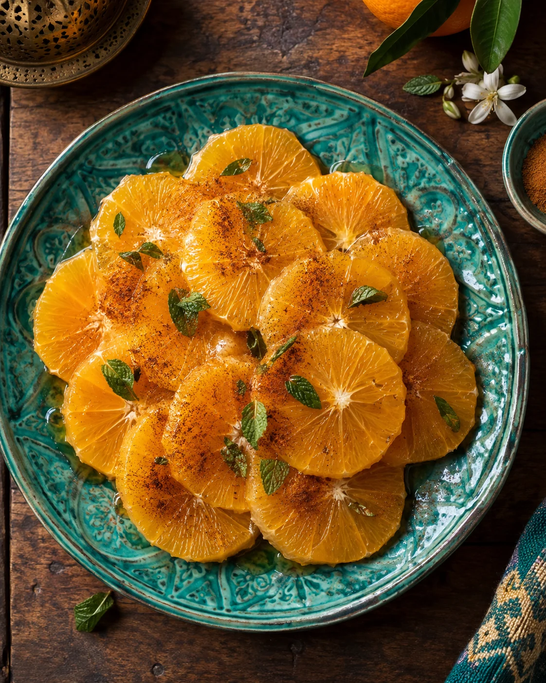 Sliced oranges with cinnamon and mint on a turquoise platter