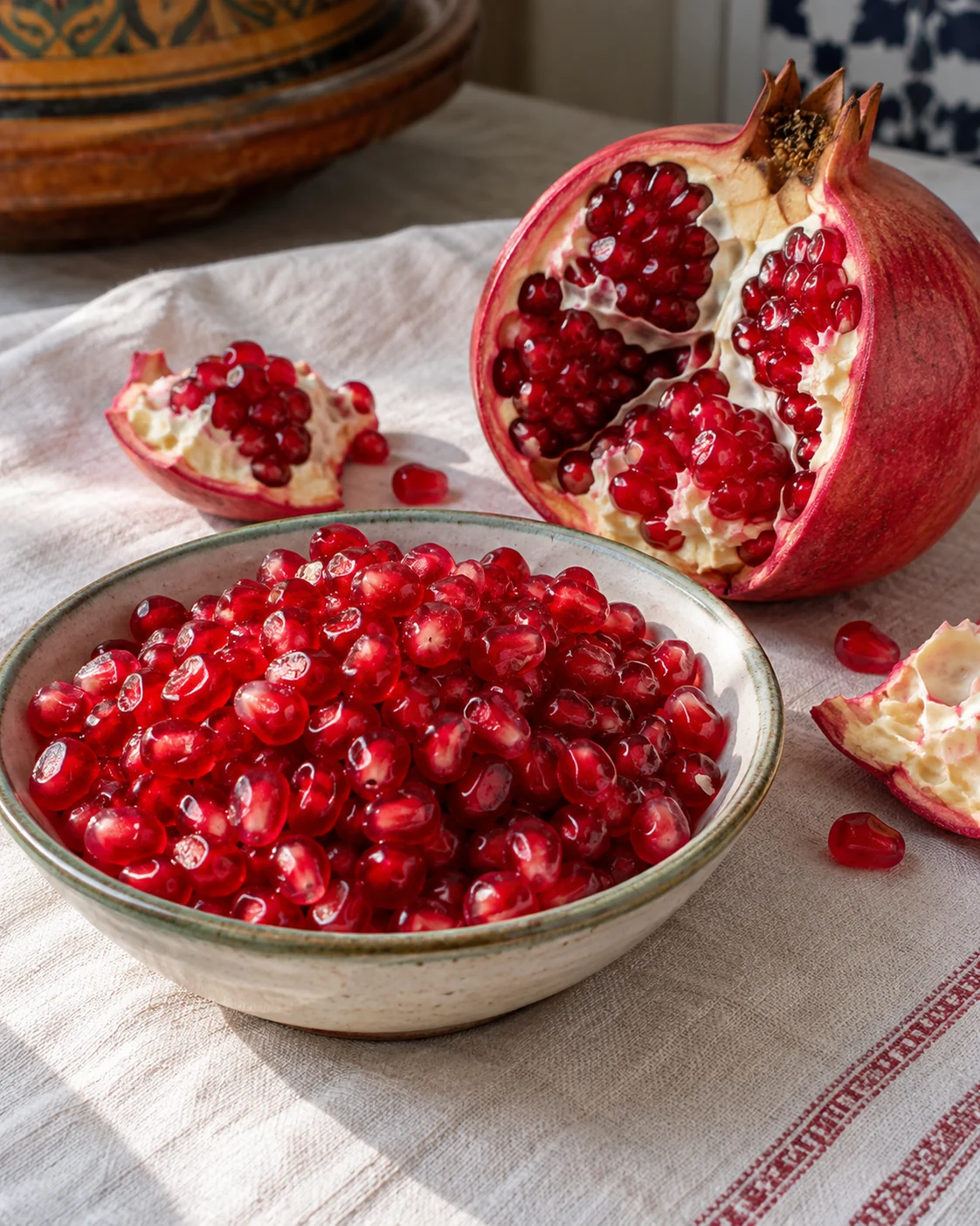 Fresh pomegranate arils in a shallow dish beside an opened fruit