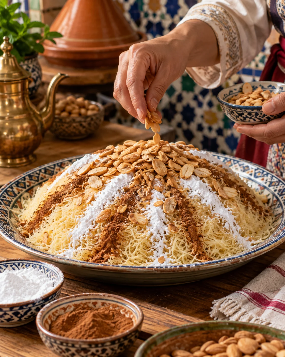 A mound of fine steamed seffa with cinnamon and almonds
