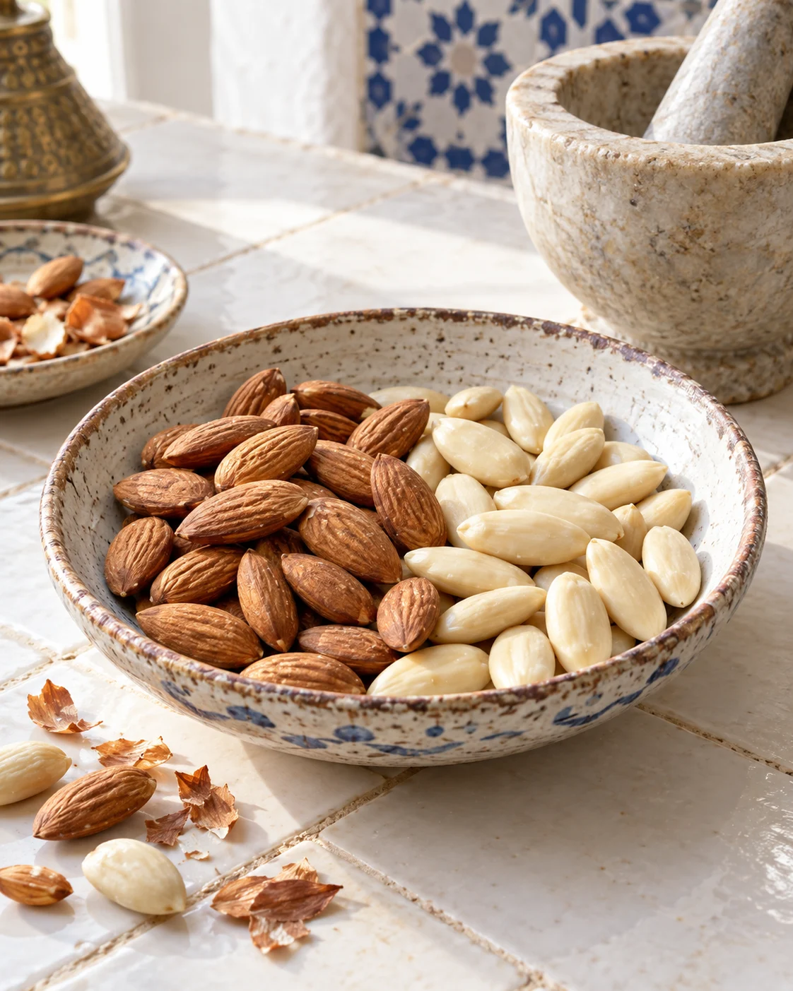 Whole and blanched almonds in a ceramic bowl
