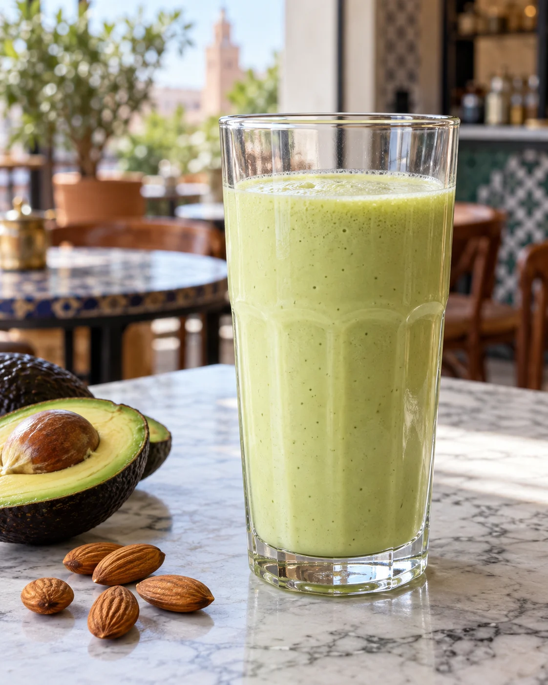 Pale green avocado milk smoothie at a juice bar