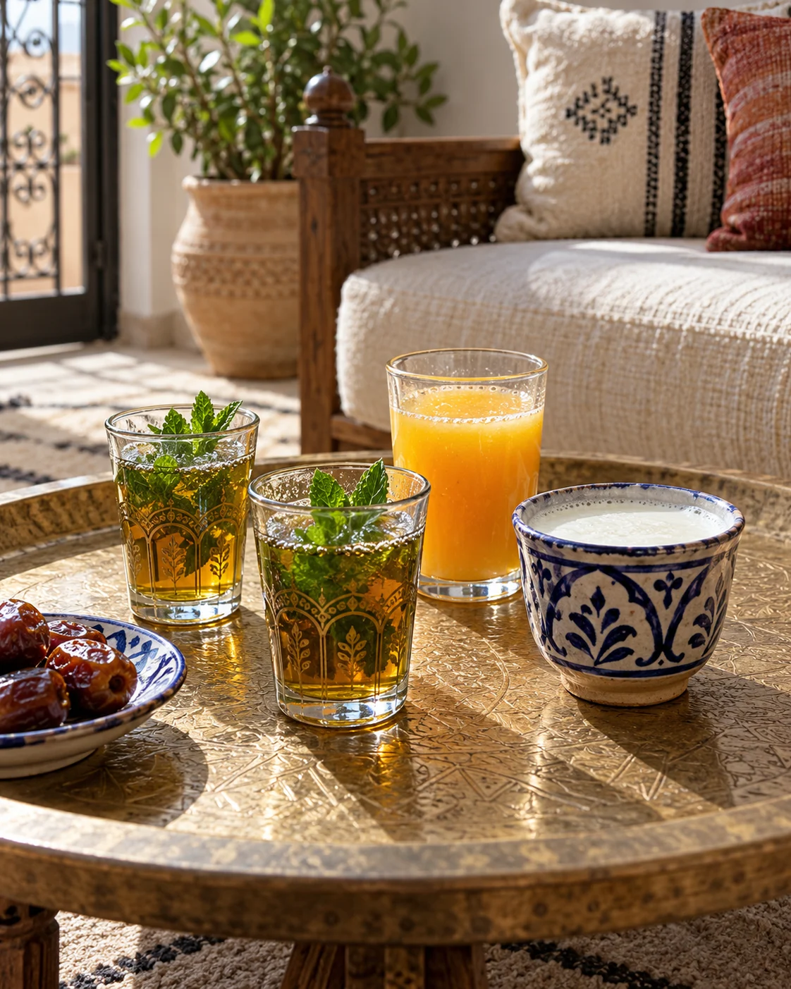 Mint tea, orange juice and cultured dairy on a home table